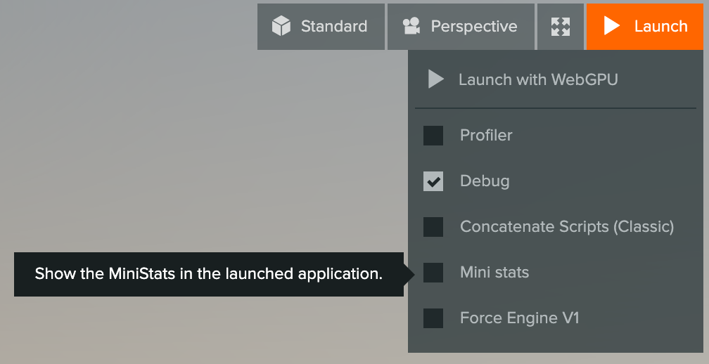 エディターのLaunchメニューにあるMiniStatsオプション