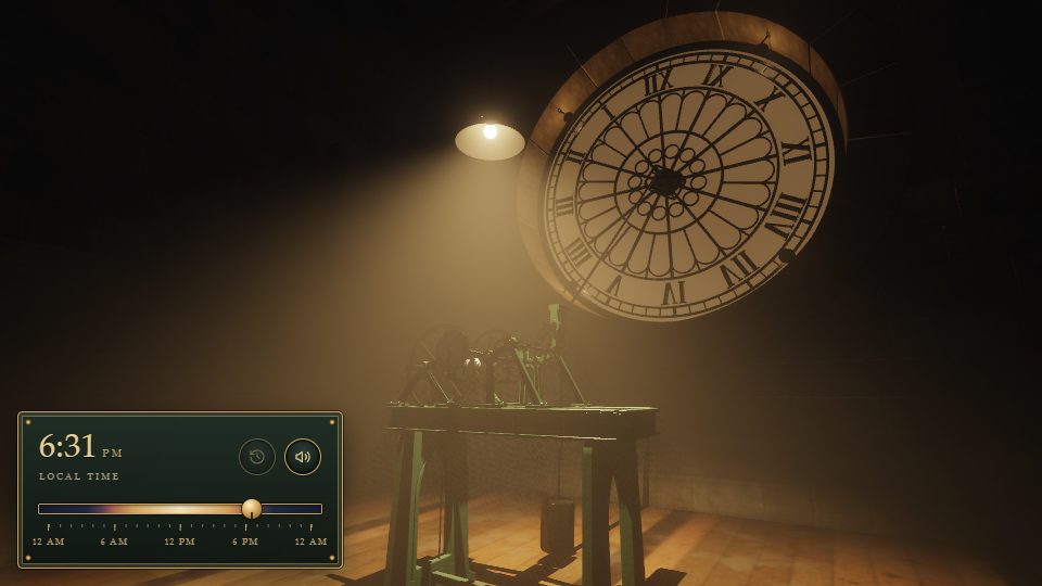A lamp lighting the mechanism behind a clock face in a dusty belfry